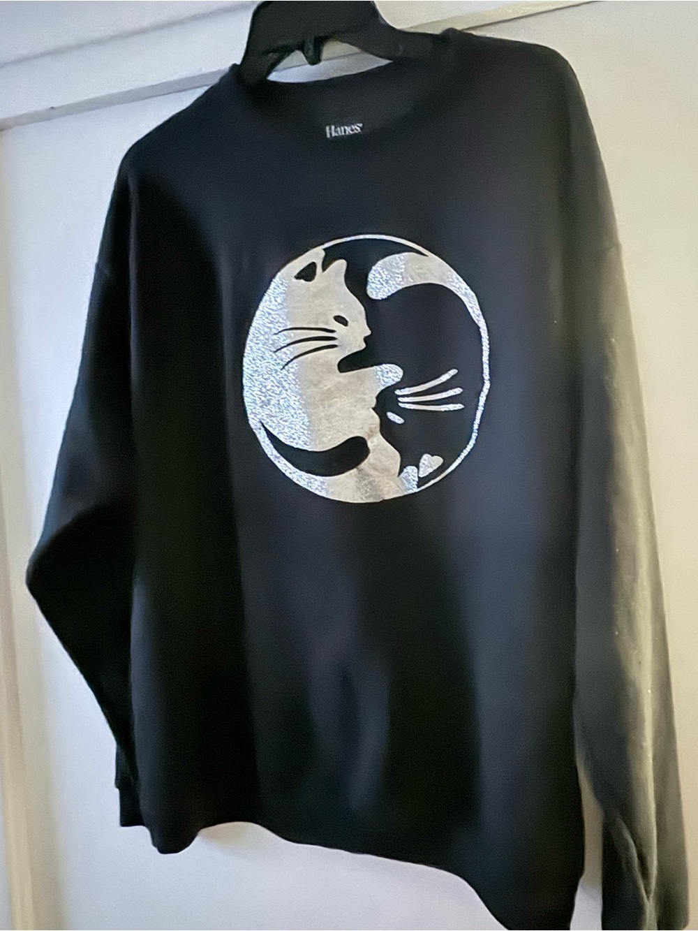 Hanes Black Sweatshirt with Silver Cat Graphic